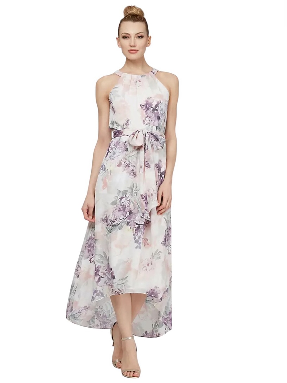 SLNY Sleeveless Romantic Floral Chiffon Halter Maxi Dress Asymmetrical Hem 8